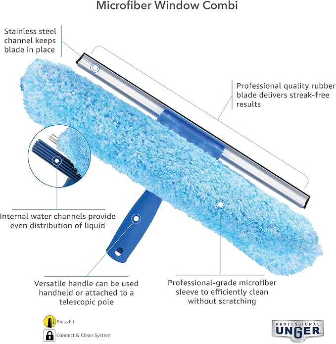 Unger Professional 2-in-1 Squeegee and Scrubber, 14” Window Cleaning Tool with Streak-Free Results, Commercial and Residential Use, Microfiber Sleeve to Clean without Scratching