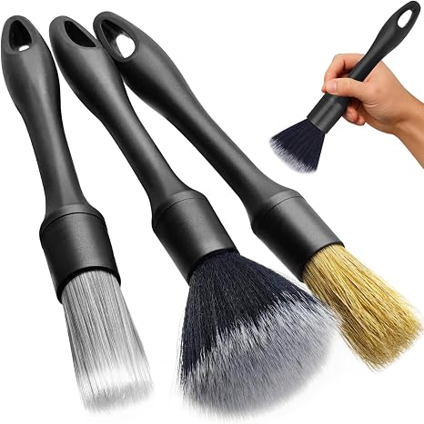 3PCS Car Detailing Brush Set - Interior or Exterior Car Cleaning Brush, [Durable Bristles] Ultra Soft Boars Hair Car Det