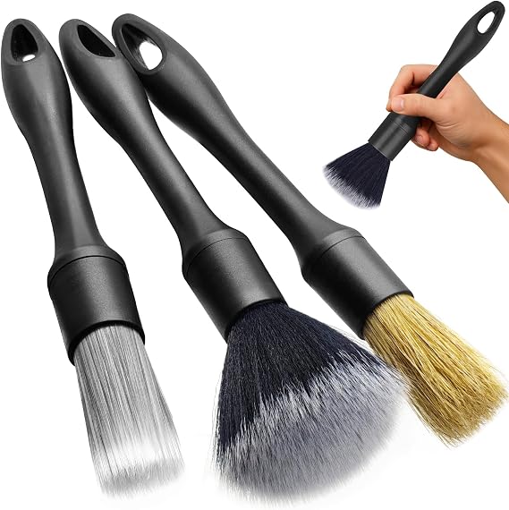 3PCS Car Detailing Brush Set - Interior or Exterior Car Cleaning Brush, [Durable Bristles] Ultra Soft Boars Hair Car Det