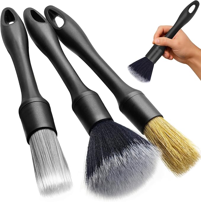 3PCS Car Detailing Brush Set - Interior or Exterior Car Cleaning Brush, [Durable Bristles] Ultra Soft Boars Hair Car Det