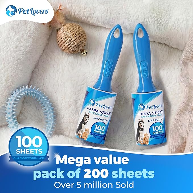 PetLovers Extra Sticky Lint Roller Value Set 200 Sheets for Pet Hair Removal, Dog and Cat Lint Remover 2 Pack