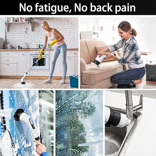 Cordless Electric Spin Scrubber - IPX7 Waterproof, LCD Display, 8 Brush Heads, Adjustable Extension Handle, for Shower, Bathtub, Tile, Grout, Kitchen, Bathroom Cleaning