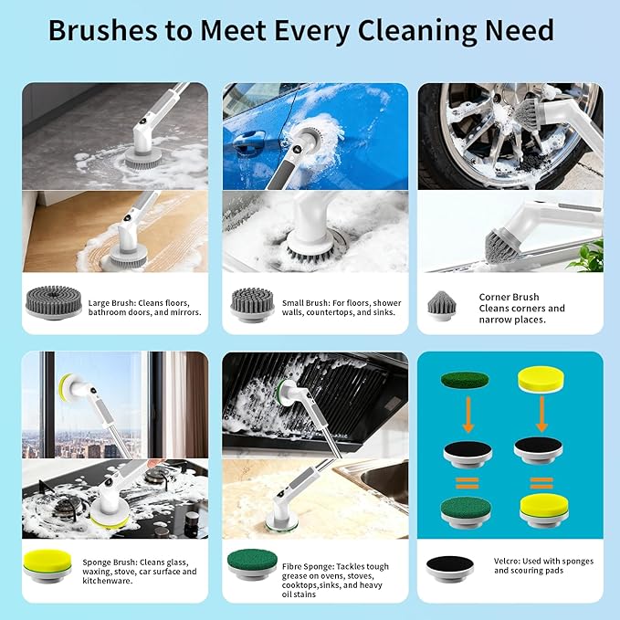 Electric Spin Scrubber, Cordless 20W High-Torque Cleaning Brush Bathroom Scrubber, IPX7 Waterproof Electric Scrubber with 6 Brush Heads, Extendable Long Handle Power Scrubber for Bathtub Floor