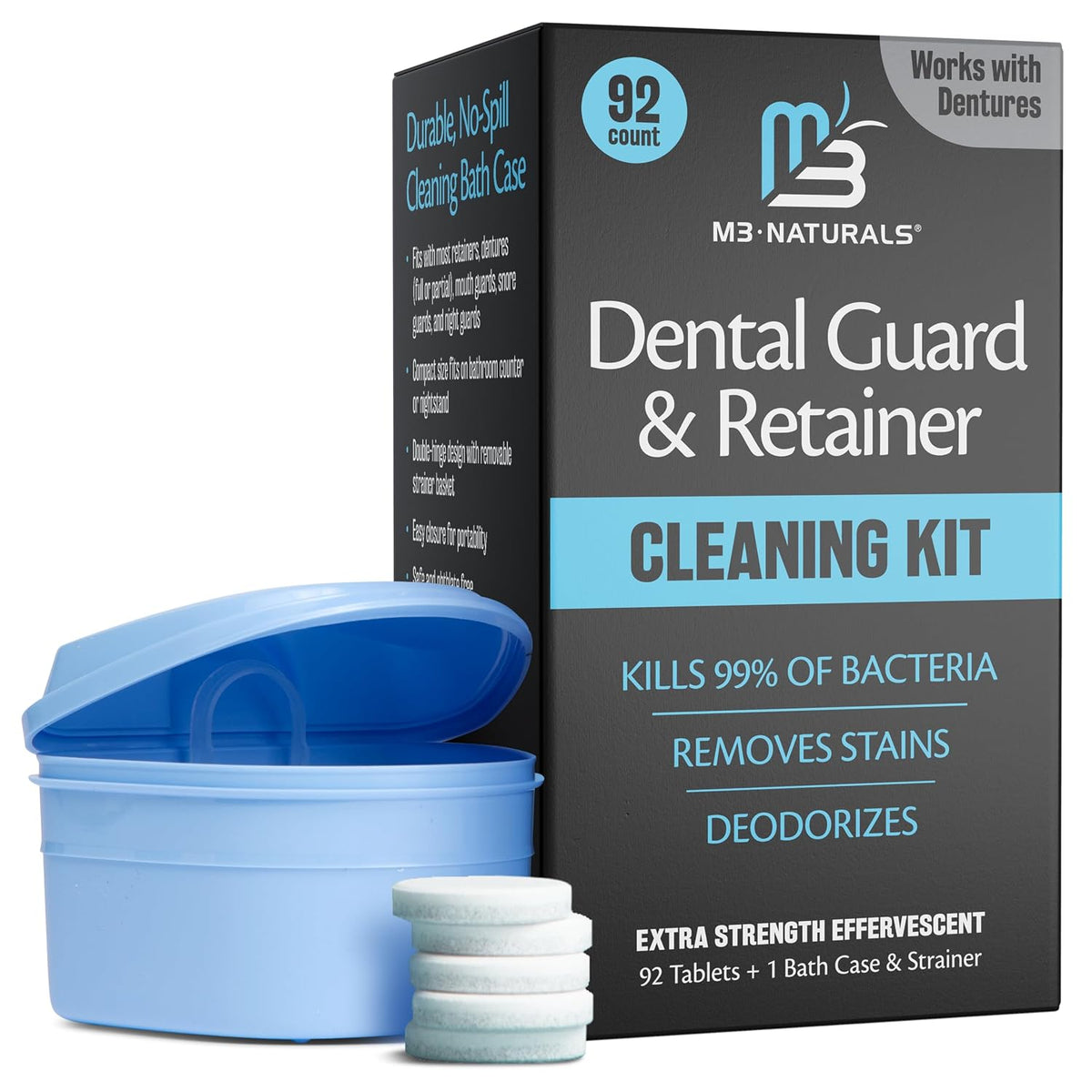 Retainer & Denture Cleaning Kit, 92 Tablets + Bath Case & Strainer by M3