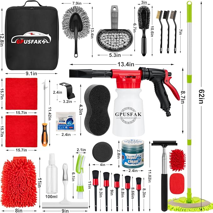 40Pcs Car Wash Cleaning Kit with Foam Gun Sprayer Detailing Brushes Wash Mop Windshield Cleaning Tool Tire Brush Towels Complete Interior Exterior Detailing Set for Car