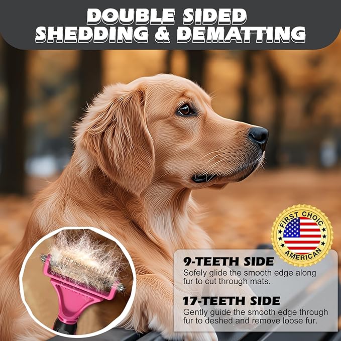 3PCS Pet Grooming Rake & Metal Comb & Flea Comb for Cats and Dogs, Double-Sided Dematting Tool, Extra-Wide Deshedding Dog Brush for Long Hair to Effectively Remove Tangles, Knots and Mats (Pink)