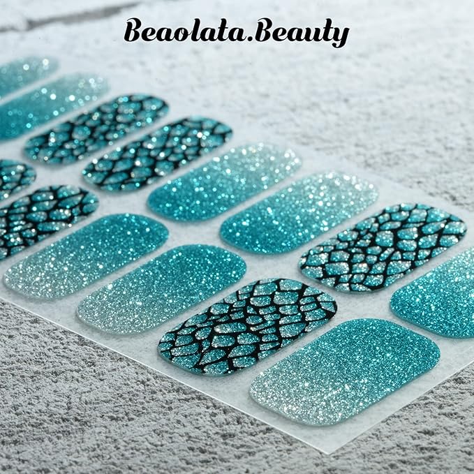 Nail Polish Strips, 32PCS Salon Quality Wraps, Long Lasting Gel Nail Stickers for Women Easy Apply& Remove (Summer Mint Snake)