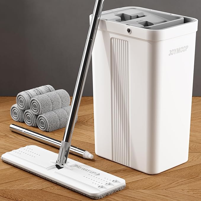 JOYMOOP Flat Mop System, Microfiber Mop and Bucket Set, White, Floor Cleaning for Home & Commercial Use, Wet Dry Mop for Hardwood Floors, Long Handle, Includes 5 Washable Pads