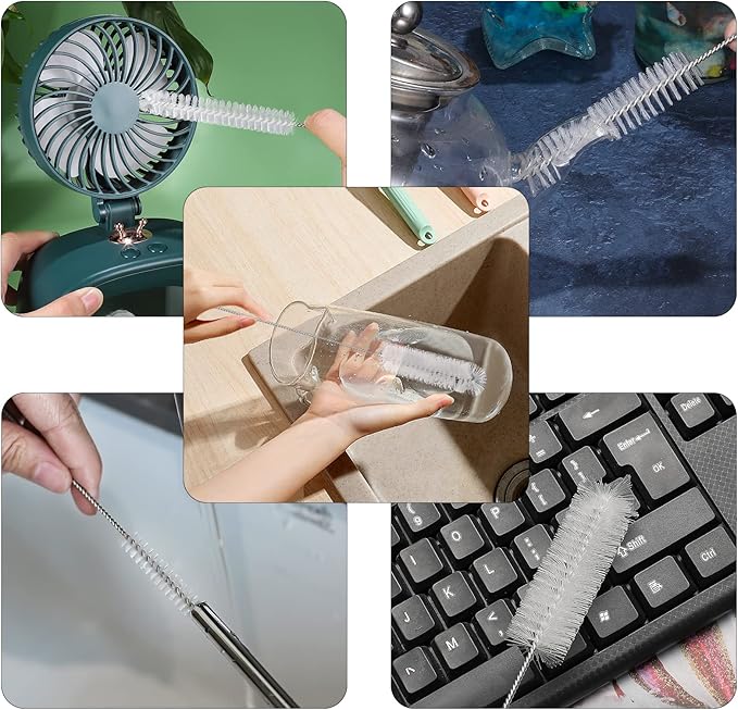 CiaraQ Bottle Cleaning Brushes, 8 Inch Nylon Tube Brush Set, Cleaner for Narrow Neck Bottles Cups with Hook, Set of 13pcs, White