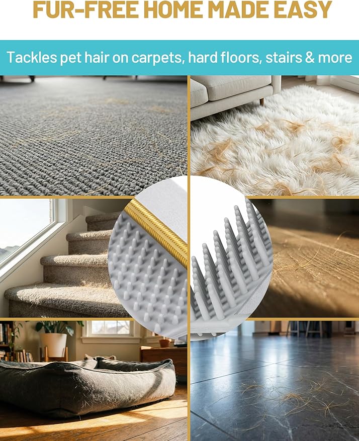 Carpet Rake for Pet Hair Removal: DELOMO Carpet Scraper Broom with 54” Adjustable Long Handle, Dual-Sided, Metal + Short Silicone for Carpets & Rugs, Extended Silicone for Shag Rugs & Hard Floors
