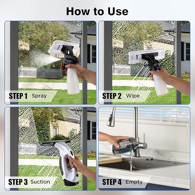 Window Vacuum Squeegee Cordless, 2000Pa Electric Window Cleaner Tool with 2200mAh & 150ml Water Collection Tank, Cleaning Kit Shower Squeegee for Glass Doors, Tiles, Mirrors, Car (White)