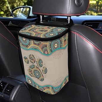 Talayituse Boho Mandala Print Car Trash Can, Dog Paw Design Portable Auto Garbage Bin Multifunctional Vehicle Interior A