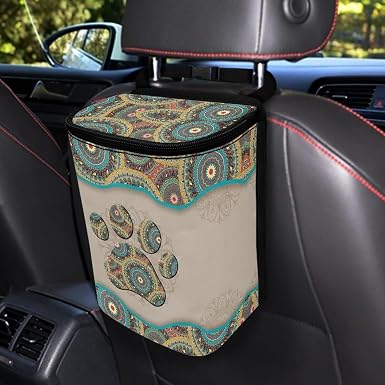 Talayituse Boho Mandala Print Car Trash Can, Dog Paw Design Portable Auto Garbage Bin Multifunctional Vehicle Interior A