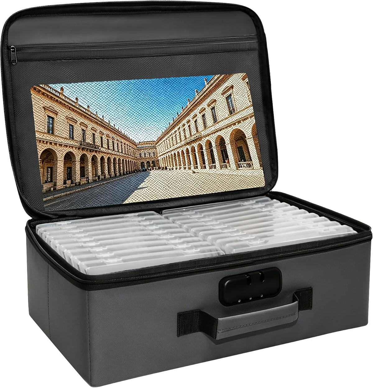 Photo Storage Box with 18 Inner Photo Case, Photo Organizer Box with Lock, PU Storage Containers with Handles & Lid, Keepsake Box for Home, Office, Travel, Pictures & Memories Storage Cards, Grey