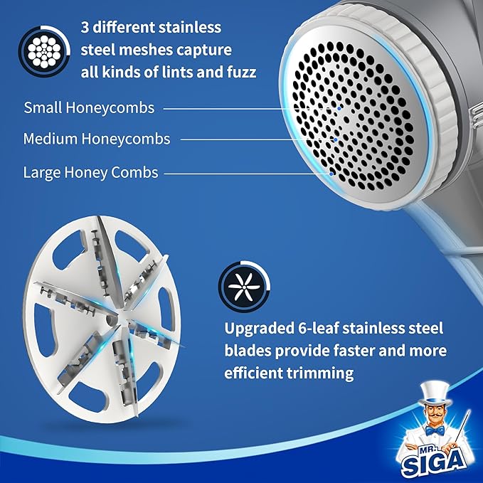 MR.SIGA Fabric Shaver and Lint Remover, Battery Operated Portable Lint Shaver with LED Lights, 2 Replaceable 6-Leaf Blades, Cream/Gray