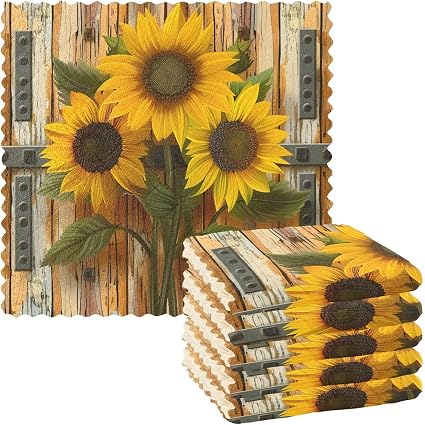 ALAZA Dish Towels Kitchen Cleaning Cloths Sunflower On Wooden Board Vintage Dish Cloths Super Absorbent Kitchen Towels L