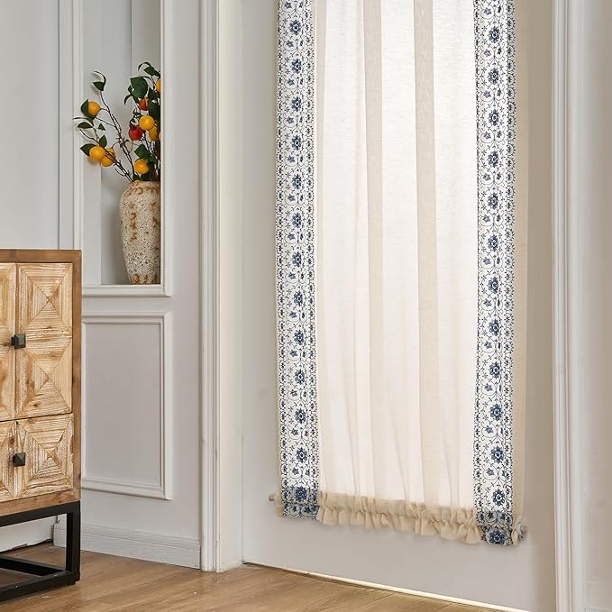 jinchan French Sheer Volie Door Curtain Embroidered Farmhouse Linen Curtain for Patio Door with Tie up Bows Light Filtering for Door Window Closet Rod Pocket 72 Inches 1 Panel Blue on Beige