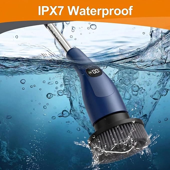 LIVINGPRO Electric Spin Scrubber for Bathroom Cleaning, Cordless Power Scrubber with 70W Dual Speed Motor, LCD Display, IPX7 Waterproof, Adjustable Handle, 7 Brush Heads for Tub Tile Shower Kitchen