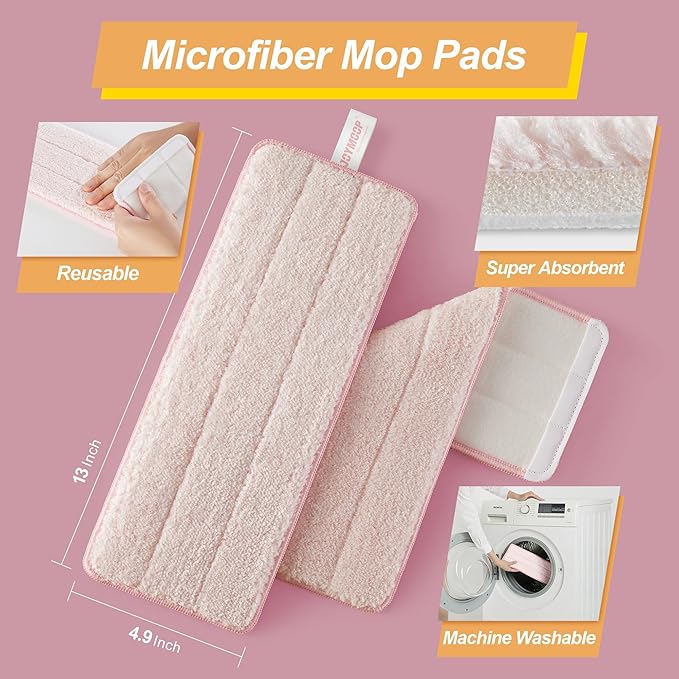JOYMOOP Flat Mop Pads, Microfiber Mop Cleaning Pads, Washable Pads, Pads Replacement for Flat Mop or Mop Bucket Set, Pack of 4 Refills 13inch - Pink