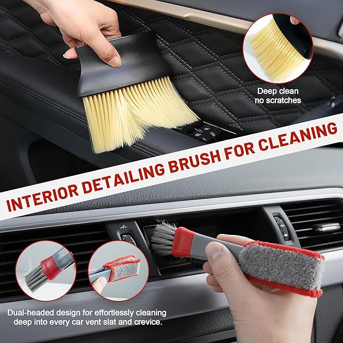 10Pcs Interior Detailing Brush Set, Car Vent & Dashboard Cleaner Kit with Microfiber Towel, Storage Bag (10PCS)