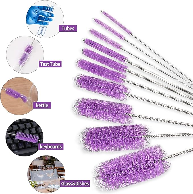 CiaraQ Bottle Cleaning Brushes, 8 Inch Nylon Tube Brush Set, Cleaner for Narrow Neck Bottles Cups with Hook, Set of 10pcs.