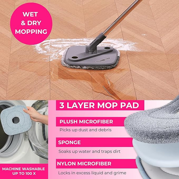 Heavy Duty Square Spin Mop for Floor Cleaning, Separate Compartment for Clean and Dirty Water, Use Any Cleaning Solution, Self Cleaning, Machine Washable Pads