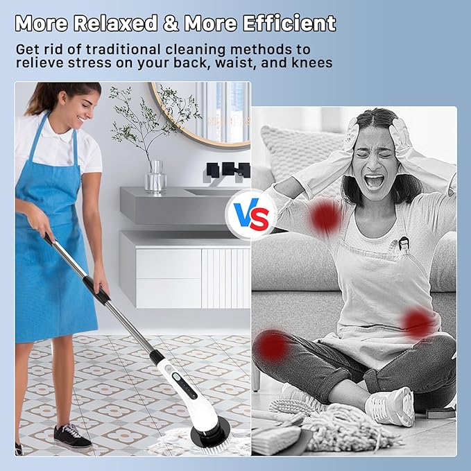 Electric Spin Scrubber, Cordless Cleaning Brush with 7 Replaceable Heads Brush, Power Scrubber with 12 & 54in Extendable Handle, 2 Speed 400RPM Shower Scrubber for Bathroom, Tub, Tile, Floor, Car