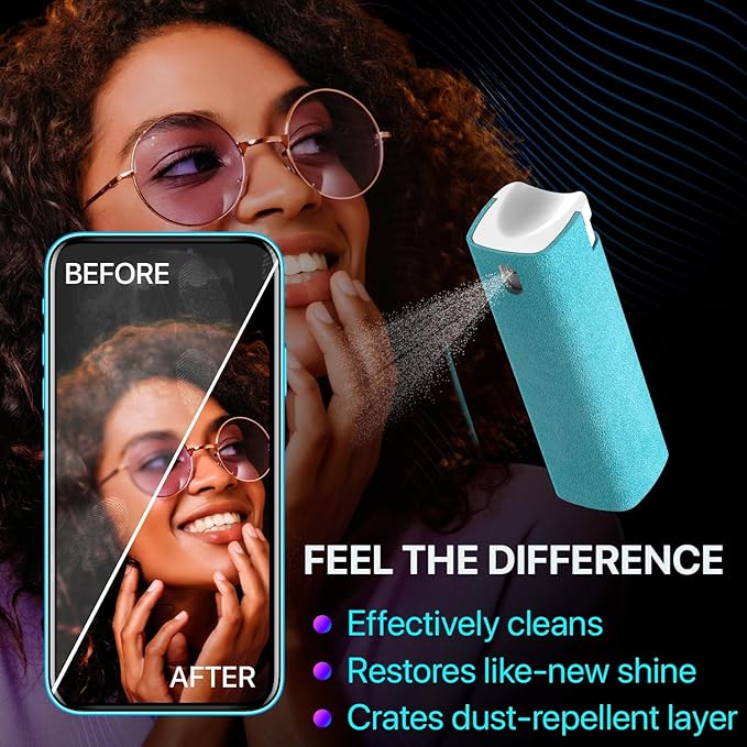 IO CLEAN Mini Screen Cleaner Spray – Finger Proof Screen Cleaner for Smartphones, iPads, MacBooks, Laptops, Car Screens, Touchscreens – 3in1 Mist Cleaner, Microfiber Cloth and Cover (Navy Blue)