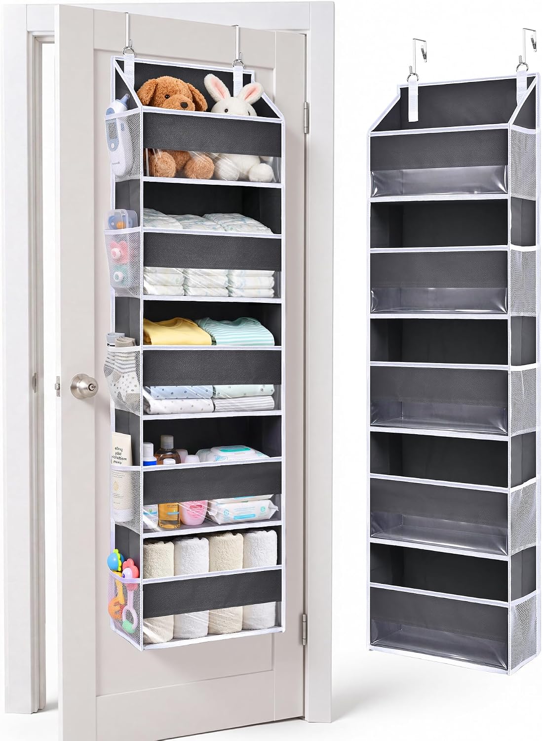 1 Pack Over Door Organizer with 5 Large Pockets 10 Mesh Side Pockets, 44 lbs Weight Capacity Hanging Storage Organizer with Clear Window Kids Toys, Diapers, Dark Grey, 5 Layers