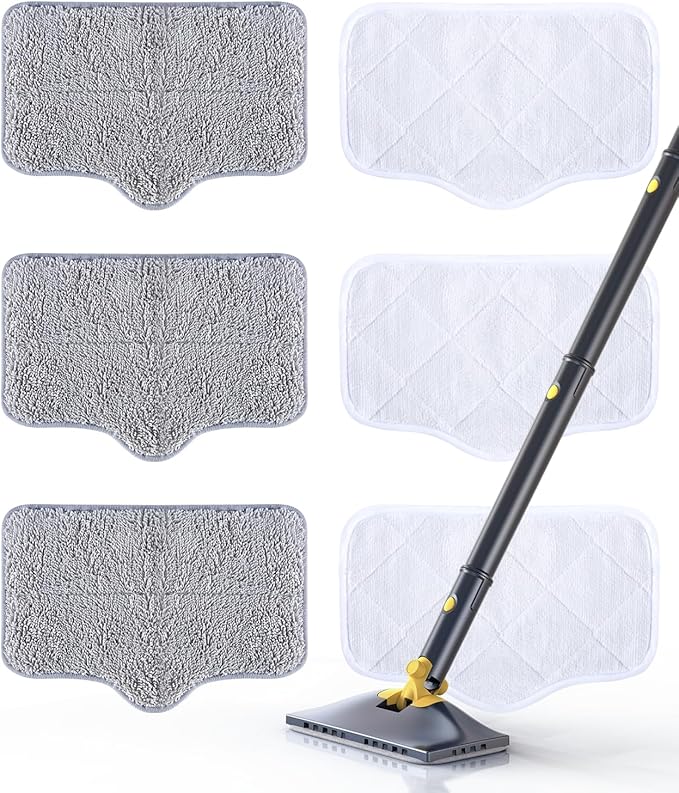 Steam Mop Pads with Washable and Reusable, 6 Pack Replacement, 2 Material Types Accessories Compatible With Steamer Mop for Cleaning Floors and Carpets, White and Gray