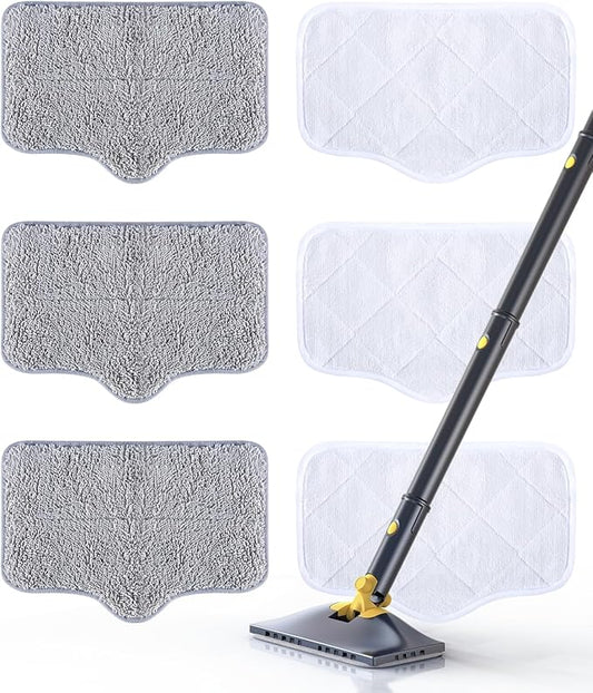 Steam Mop Pads with Washable and Reusable, 6 Pack Replacement, 2 Material Types Accessories Compatible With Steamer Mop for Cleaning Floors and Carpets, White and Gray