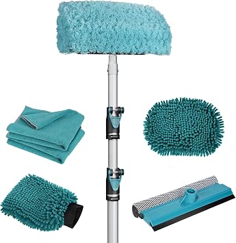 TelesPro 12FT Car Wash Brush with Long Handle, Car Cleaning Kit with Soft Wash Brush, Tire Brush, Window Squeegee, Micro