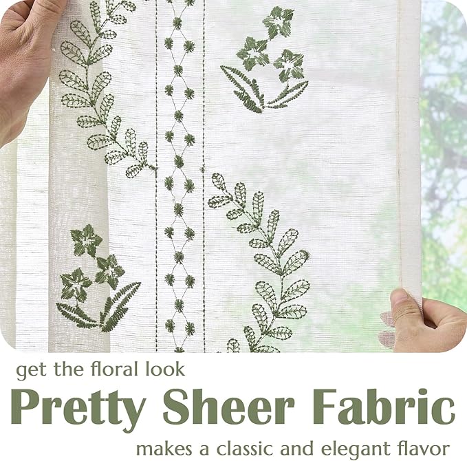 jinchan Belrose Sheer French Door Curtain Embroidered Decor Farmhouse Linen Curtain for Patio Light Filtering Door Window Closet 40 Inches 1 Panel Green on Beige