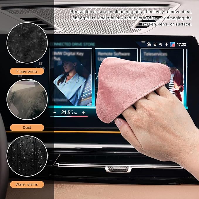 Car Screen Cleaner, Square Microfiber Cloth Non-Scratch Auto Touchscreen Cleaning Wipes, Foldable Touch Screen Pad Universal Cleaning Tool for Vehicle Dashboard Display (Pink & Gray)
