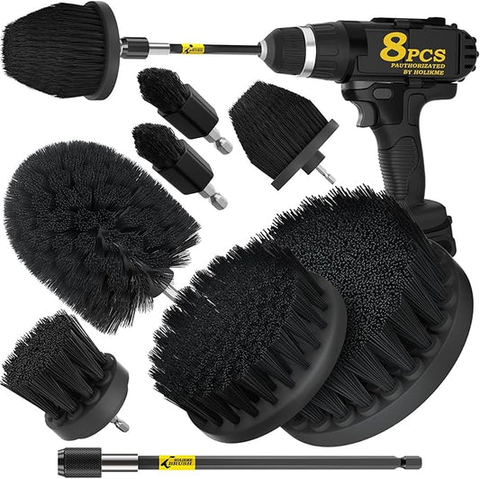 Holikme 8 Piece Drill Brush Attachments Set, Power Scrubber Brush with Extend Long Attachment，Cleaning Supplies，Scrub，Shower Scrubber，Bathtub, Bathroom, Kitchen（Black）