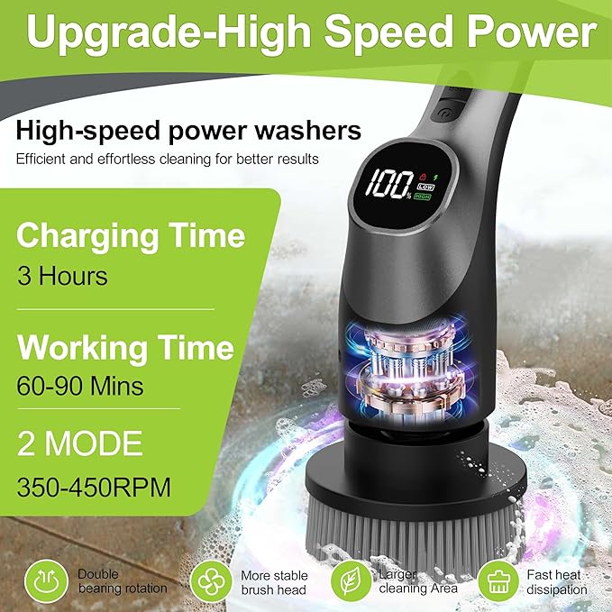 WKY-G3-Electric Spin Scrubber - Upgraded 10-in-1 IPX7 Waterproof Shower Cleaner Brush, Retractable Handle & 2-Speed for Toilet, Bathroom, Bathtub, Tile Floors Black