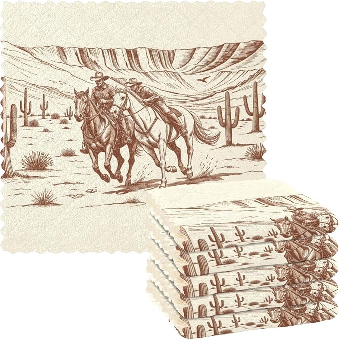 Kcldeci American Wild Western Desert Cowboy 6 Pack Dish Cloths for Washing Dishes Kitchen Dishcloth Microfiber Dish Towe