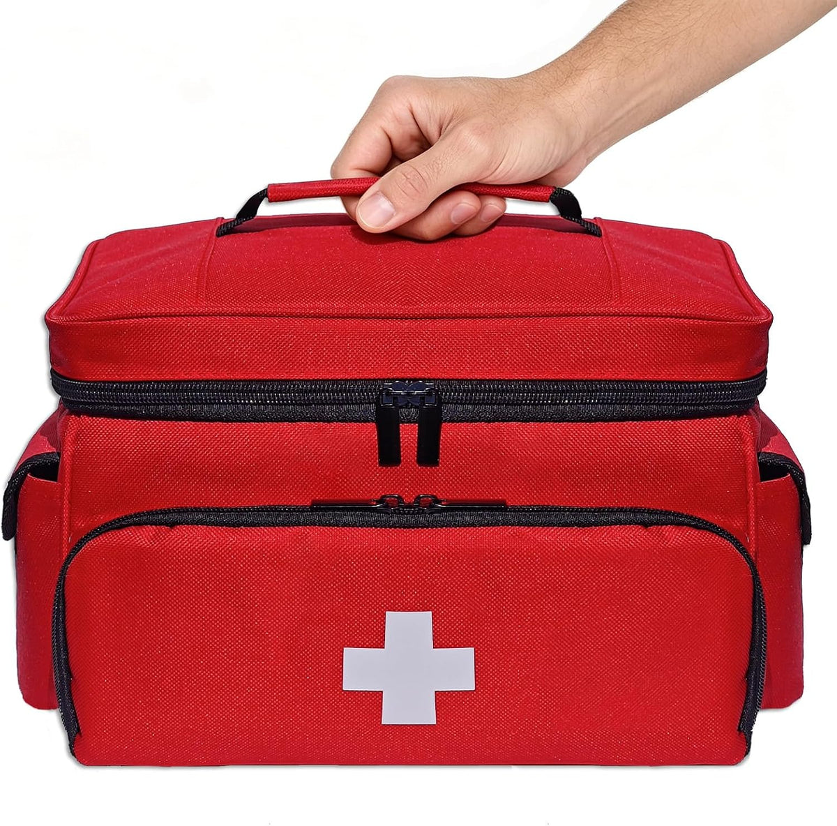 Small First Aid Bag Empty Medical Bag Red Pill Bottle Organizer Case, Portable Emergency Bag Travel Medicine Kit Storage 12" x 9" x 7" First Aid Box for Car, Home, Office, Dorm, Camping (Red)