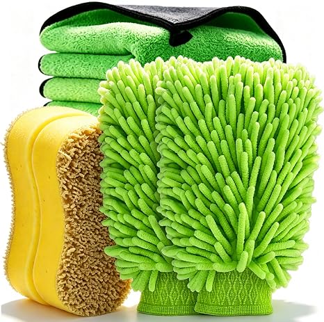 6PCS Microfiber Car Wash Mitt - Car Wash Gloves Kit with Microfiber Cleaning Cloth and Car Wash Sponge for Car Washing, 