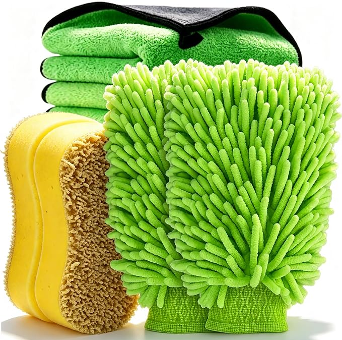 6PCS Microfiber Car Wash Mitt - Car Wash Gloves Kit with Microfiber Cleaning Cloth and Car Wash Sponge for Car Washing, 