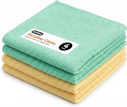 Superio Microfiber Cleaning Cloths, Pack of 4 (2 Yellow & 2 Green), Absorbent Lint-Free Towels for Cars, Kitchen, Bathro