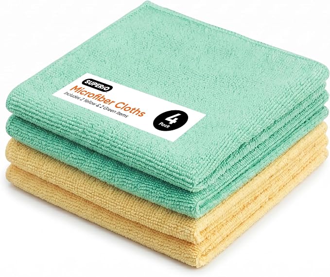 Superio Microfiber Cleaning Cloths, Pack of 4 (2 Yellow & 2 Green), Absorbent Lint-Free Towels for Cars, Kitchen, Bathro