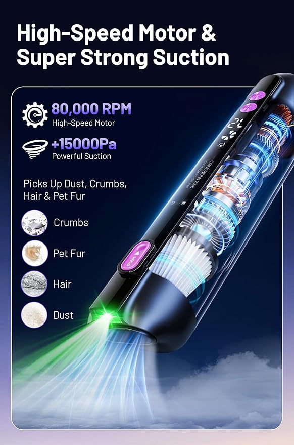 Handheld Cordless Car Vacuum Cleaner 15000Pa, 3-in-1 Portable Vacuum with LED Display & HEPA Filter,USB-C Rechargeable, up to 30-Min Runtime for Car, Home, Desk & Pet Hair(Black)