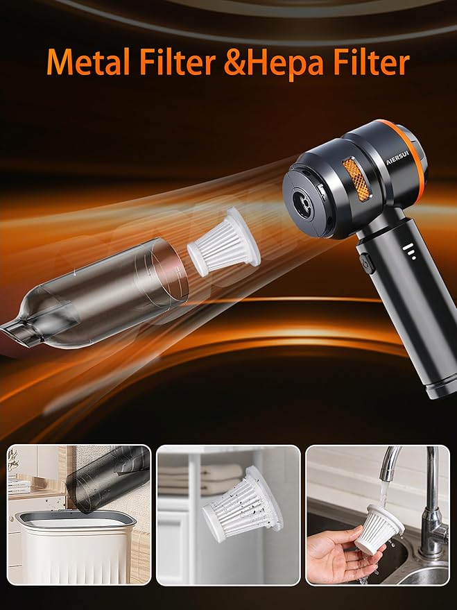 Super-Powered car mini Vacuum Cleaner 80,000RPM, Four-in-one: Blower, Vacuum Cleaner, air Extractor, and Pump. Handheld dust Collector, Handheld dust Blower, Hair Dryer, Cordless (Orange)