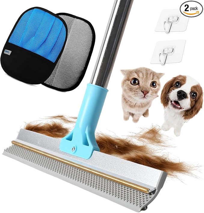 Carpet Rake for Pet Hair Removal, 54" Adjustable Long Handle 3 in 1 Carpet Rake & Pet Hair Removal Gloves for Cat Dog Fur Remover for Carpets, Rugs, Mats and Furniture(with 2 Hooks)