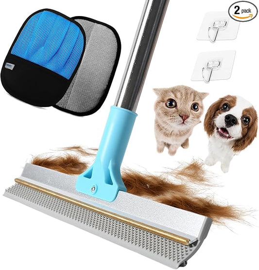 Carpet Rake for Pet Hair Removal, 54" Adjustable Long Handle 3 in 1 Carpet Rake & Pet Hair Removal Gloves for Cat Dog Fur Remover for Carpets, Rugs, Mats and Furniture(with 2 Hooks)