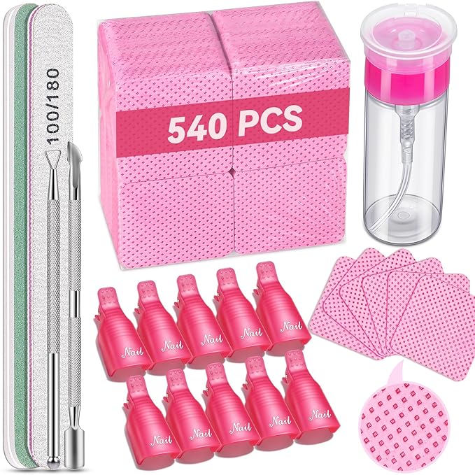 TsMADDTs Gel Nail Polish Remover Tools Kit with 540 Lint Free Wipes, 10 Soak Off Clips, 100ml Nail Polish Remover Bottle, Cuticle Pusher/Peeler, File, Buffer Block