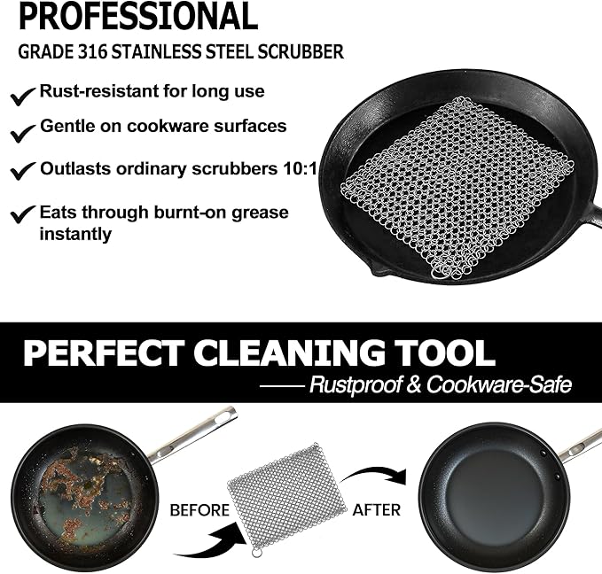 TOPULORS Cast Iron Scrubber 316 Stainless Steel Skillet Cleaner 8"x6" Chainmail Scrubber Scraper Chain Mail Link Scrub for Cast Iron Pre-Seasoned Pans, Griddles, BBQ Grills, and Pot Cookware Cleaning