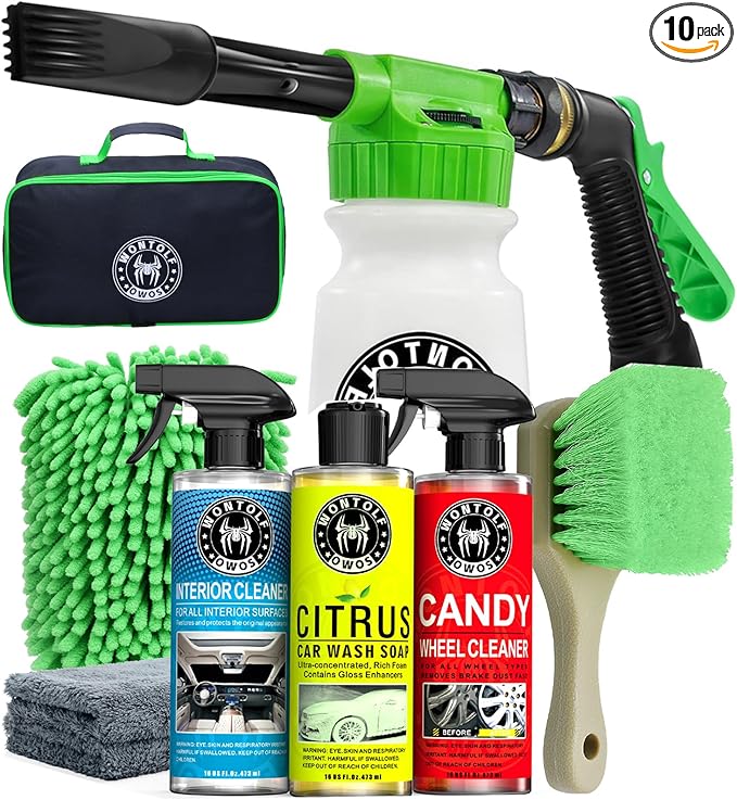 Wontolf CWK188 Car Wash Kit with Foam Gun, Car Wash Soap, Interior Detailer Cleaner, Wheel Cleaner, Car Care Cleaning Detailing Kit for Cars Trucks RVs SUVs Motorcycles (Works w/Garden Hose), 10 Items