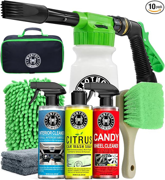 Wontolf CWK188 Car Wash Kit with Foam Gun, Car Wash Soap, Interior Detailer Cleaner, Wheel Cleaner, Car Care Cleaning Detailing Kit for Cars Trucks RVs SUVs Motorcycles (Works w/Garden Hose), 10 Items